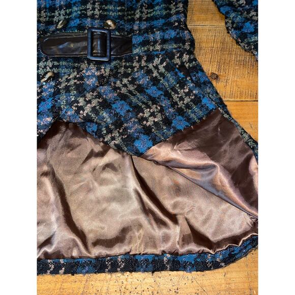Womens Steve Madden Blue Plaid Tweed Belted Faux Leather Trim Buttons Coat L - Picture 9 of 12